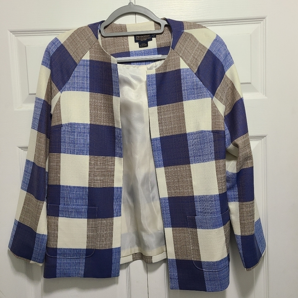 Pendleton Virgin Wool Blue Cream Brown Plaid Blazer Petite Large